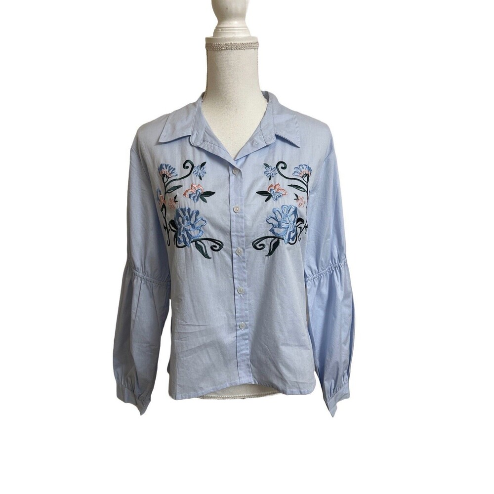 NEW Sanctuary Anthropologie Women's S Blue Button Down Shirt Floral Embroidery